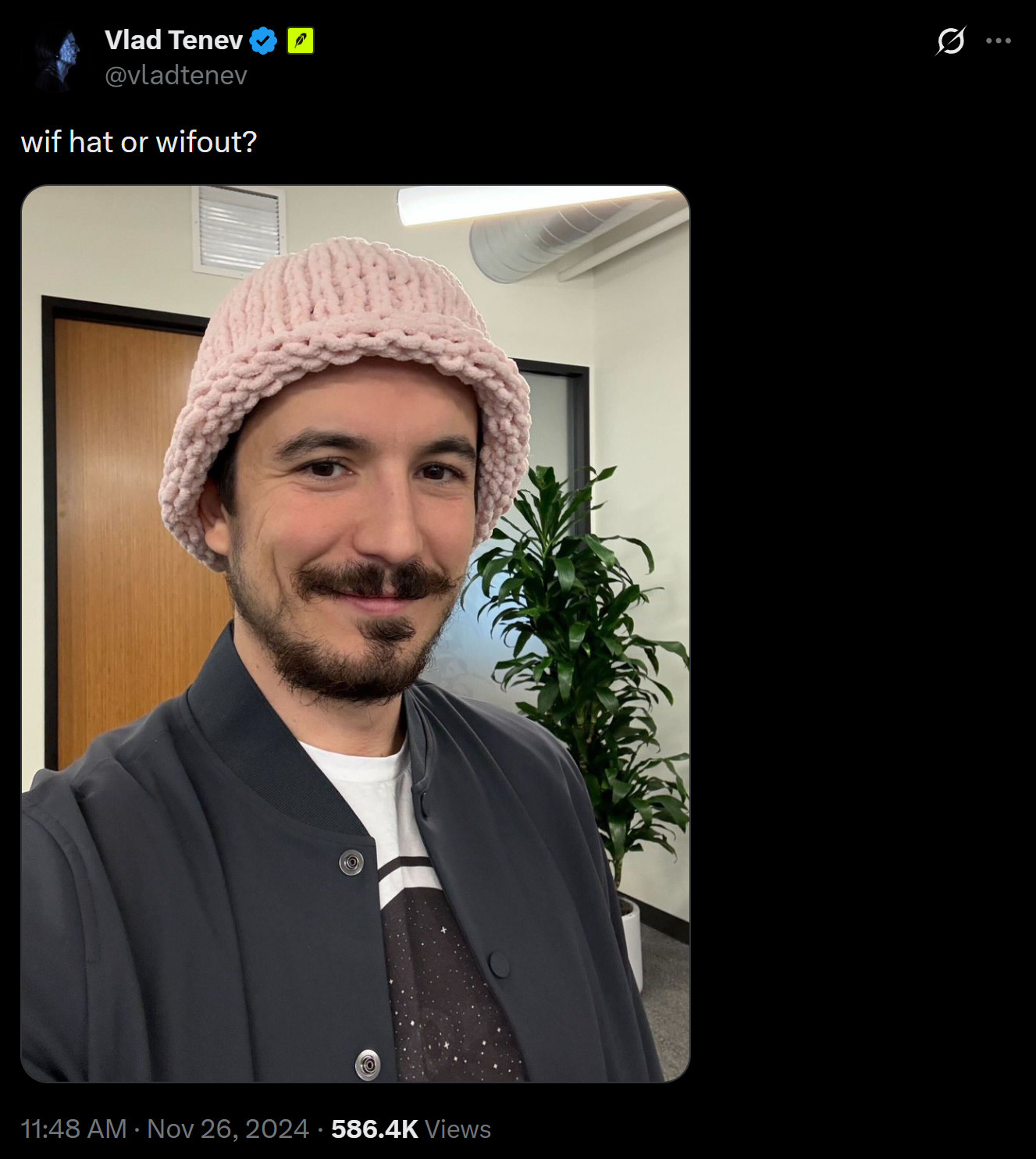 Vlad Tenev wearing the pink dogwifhat beanie — original tweet photo
